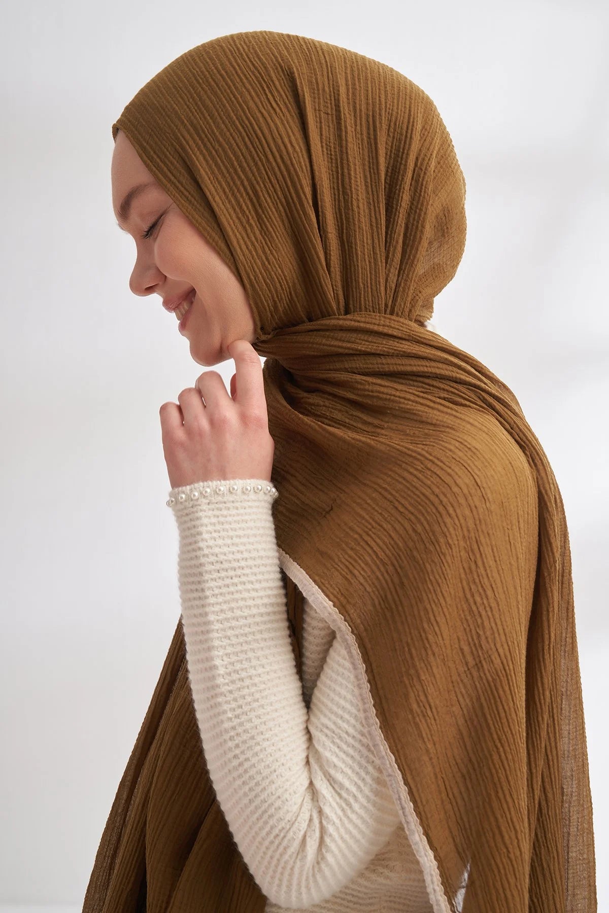 Musselin Randstreifen dunkles Olivgrün (Beige)